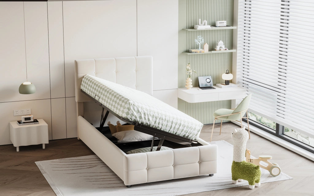 Letto imbottito per bambini 90x200 cm in velluto, con contenitore idraulico, testiera regolabile, beige