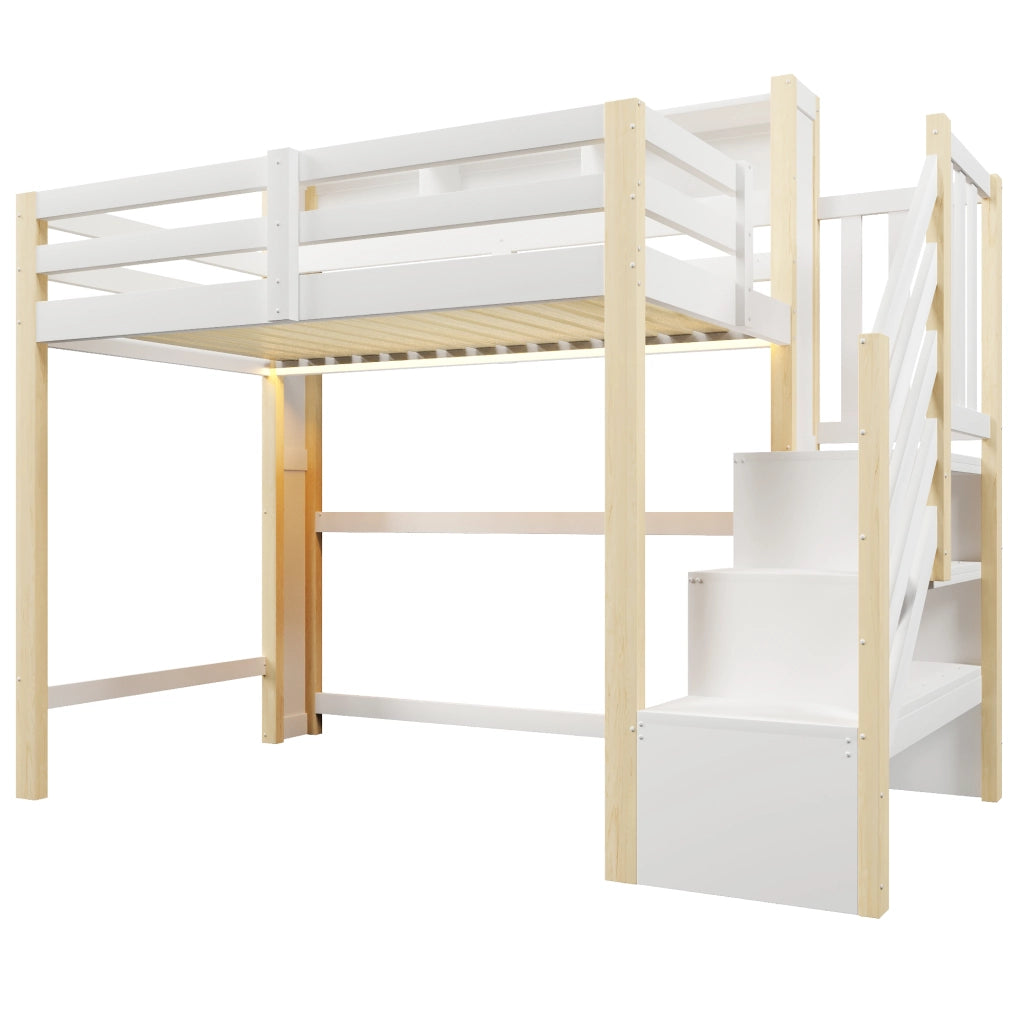 Letto a castello 90×200 cm; letto singolo con led; scala contenitore; senza materasso; in pino; bianco naturale