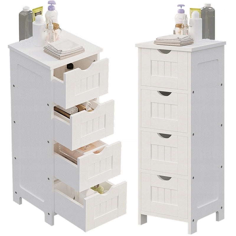 Mobile da bagno stretto, colonna a scaffali bianca con cassetti e ripiano, stile scandinavo