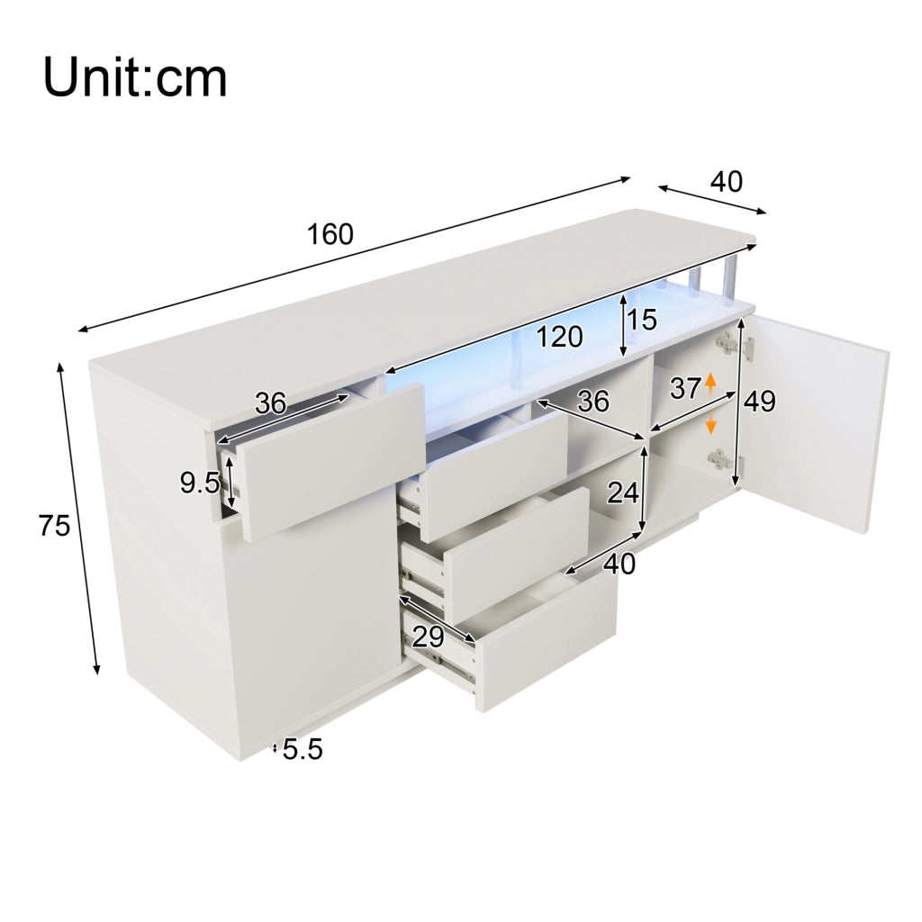 Sideboard bianco 160x40x75 cm con LED; ante e cassetti in MDF e acrilico