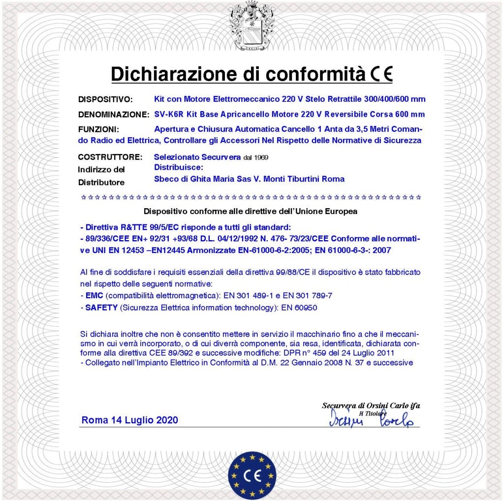 Automatismo per Cancello da 3,5 Metri Kit Base Ricambio Motore Elettromeccanico 230 V Stelo Retrattile Reversibile Corsa 600 mm Spinta 250 Kg Centrale2 Radiocomandi Fotocellule Faro Selettore 2 Chiavi