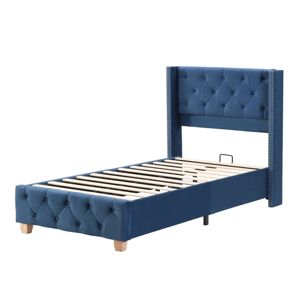OKWISH Letto Bambino 90×200 cm, Letto Singolo con Testiera Imbottita, Borchie Decorative e Piedini in Legno, senza Materasso, Velluto, Blu