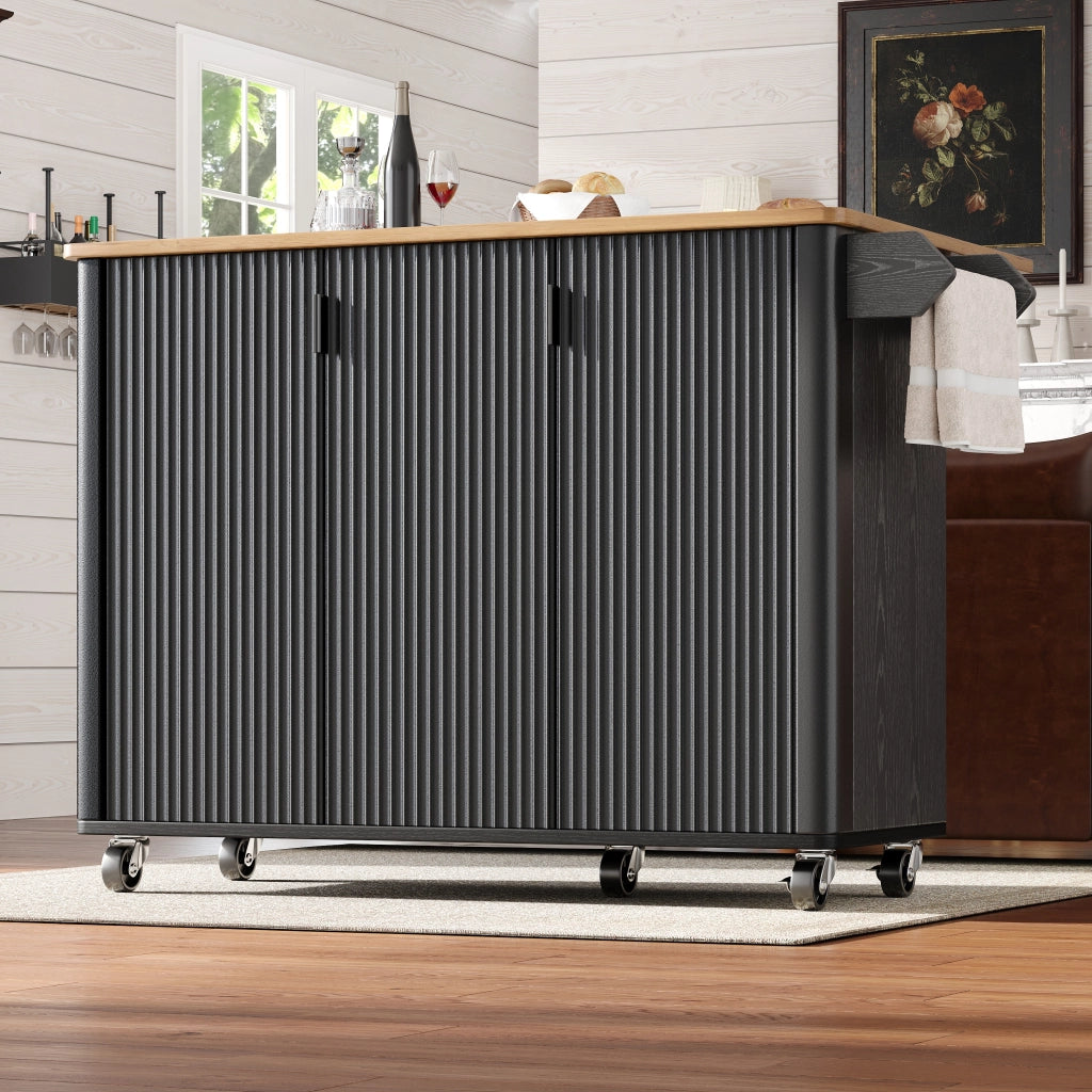 OKWISH Carrello da cucina con 3 ante, piano ribaltabile, ripiani regolabili, portaasciugamani e ruote, nero