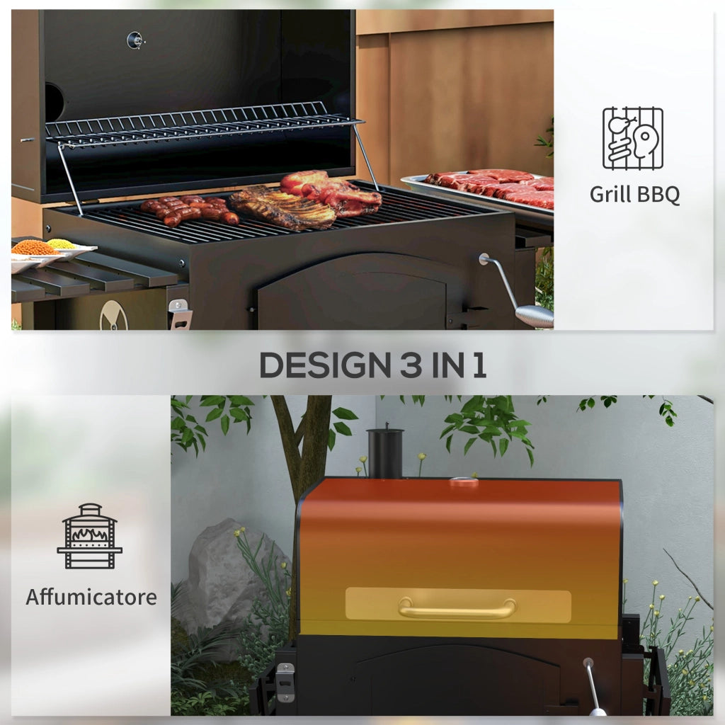 Barbecue a 2 Ruote con Griglia Affumicatore e Fornello ¨C Xylo ¨C Metallo Ghisa Nero 124x66x112cm