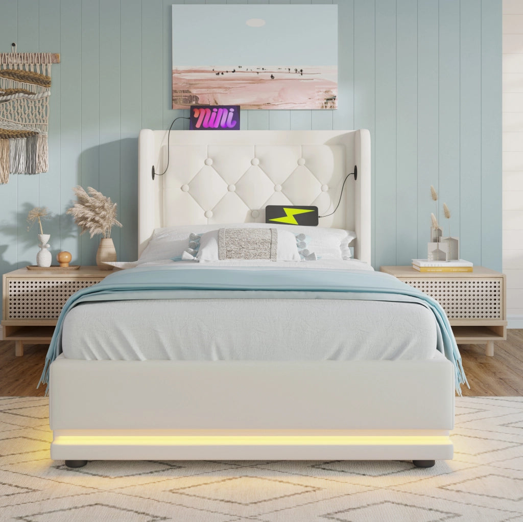 Letto imbottito 90x200 cm con materasso, contenitore e testiera con USB e LED