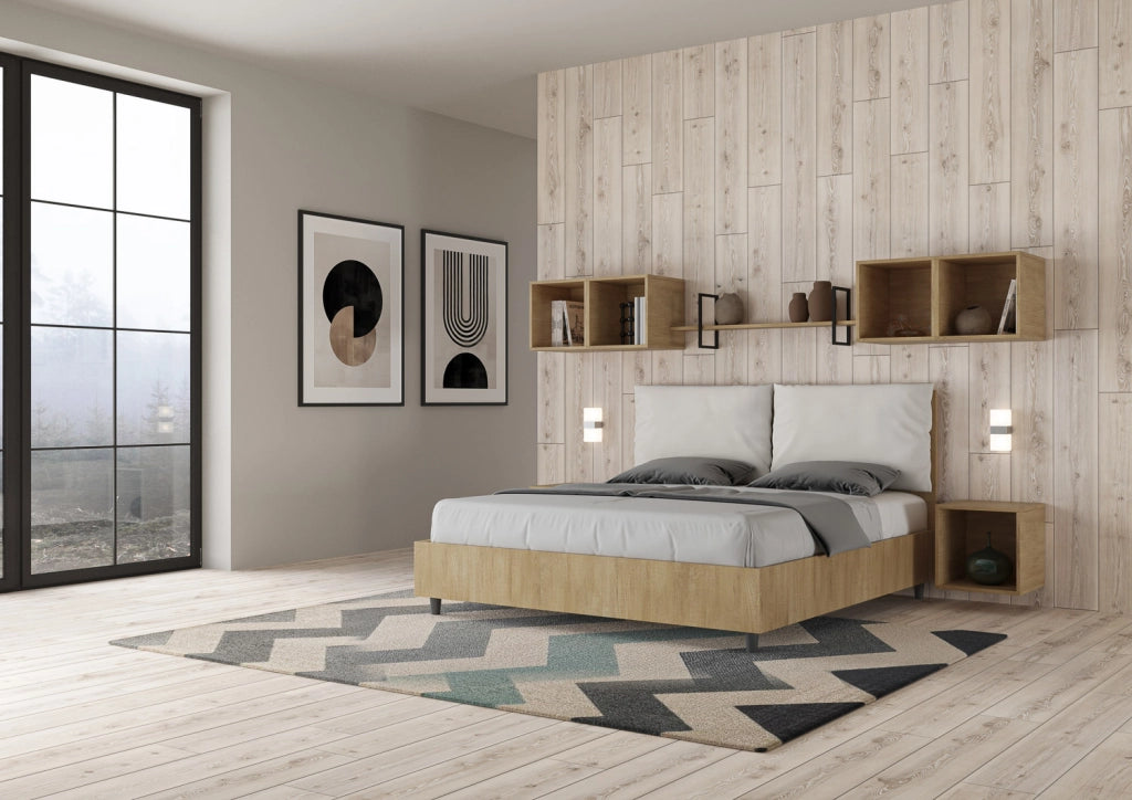 BS COM Letto matrimoniale contenitore 160x190 Quercia cuscini similpelle bianco