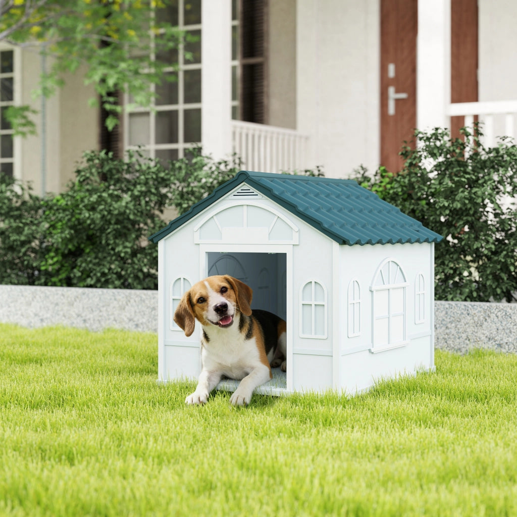 Cuccia per Cani con Finestra e Tegole ¨C zephmum ¨C Verde Blu e Bianco 65x75.7x63 cm