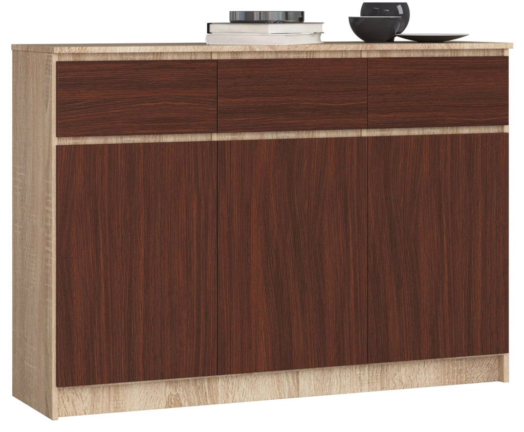 Cassettiera AKORD K140 Sonoma Quercia 138 cm 3 ante 3 cassetti inserto frontale Wengé 138x40x99 cm
