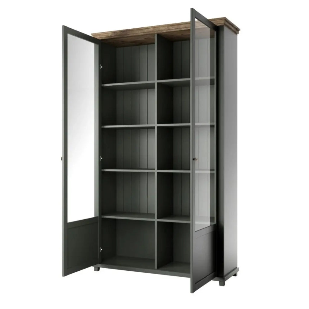 Vetrina ASSIA 2 porte vetrate verde scuro e legno - 125 cm - 10 nicchie - Eleganza senza tempo