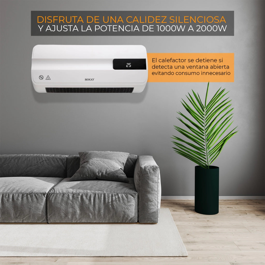 Termoventilatore da parete PTC 2000W con display LED digitale, telecomando, timer 7 giorni, termostato elettronico - SOGO