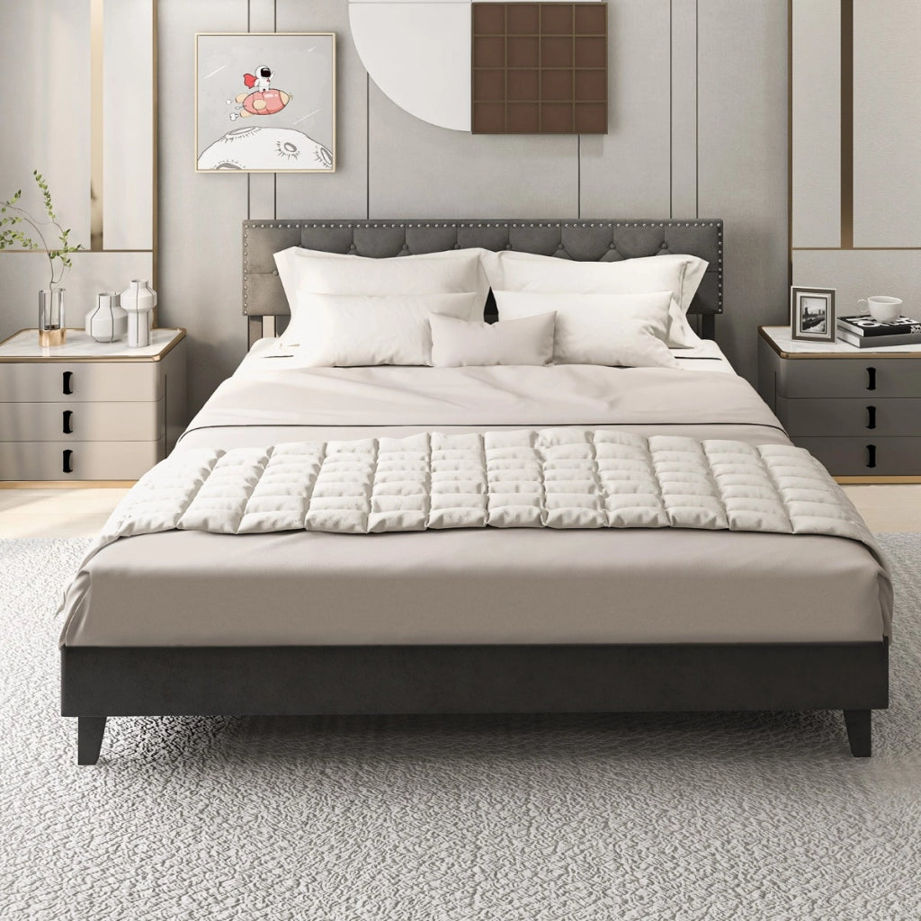 Letto a piattaforma imbottito con testiera bottoni doghe in legno, Struttura letto moderno Grigio 207,5x200x105,5/114cm-Letti e strutture