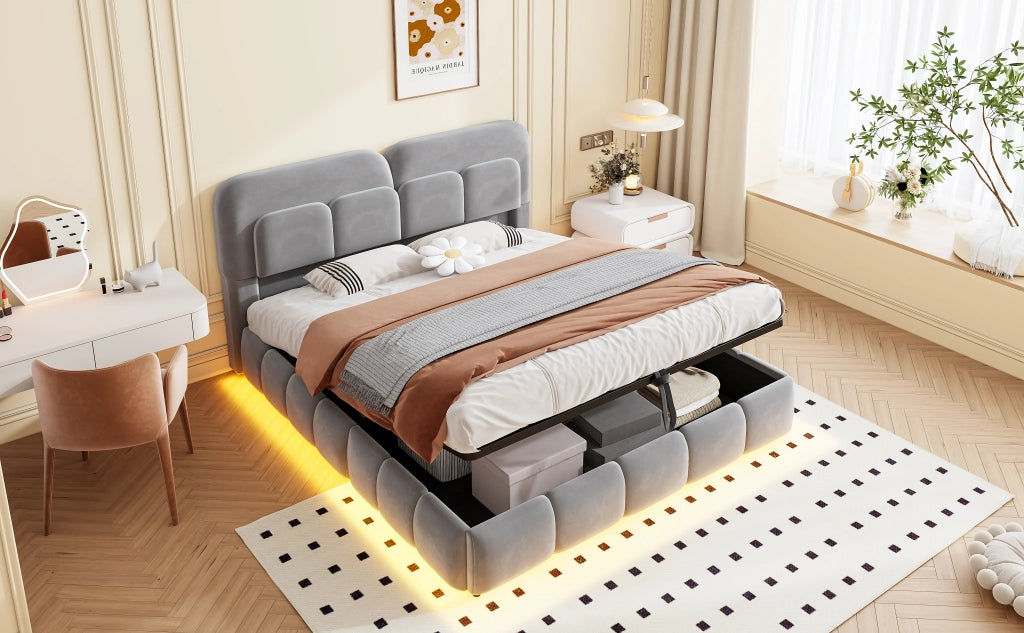 LETTO imbottito 140x200 cm in velluto grigio con contenitore idraulico e LED