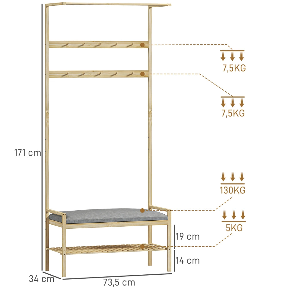Appendiabiti con panca e ripiani ¨C zephmum ¨C 73.5x34x171 cm grigio e naturale
