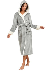 Badjas Pluche con Cappuccio per Donna con Fodera in Felpa, con Due Tasche laterali e Cinturino, Grigio, L