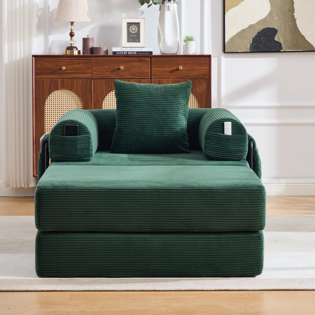 Divano modulare velluto a coste verde con pouf, cuscino e tasca laterale