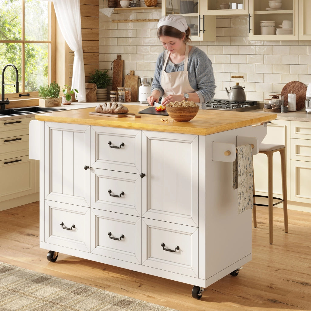 OKWISH Carrello da Cucina con Piano Pieghevole, 2 Ante e 5 Cassetti, Ruote, MDF e Metallo, Bianco