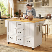 OKWISH Carrello da Cucina con Piano Pieghevole, 2 Ante e 5 Cassetti, Ruote, MDF e Metallo, Bianco