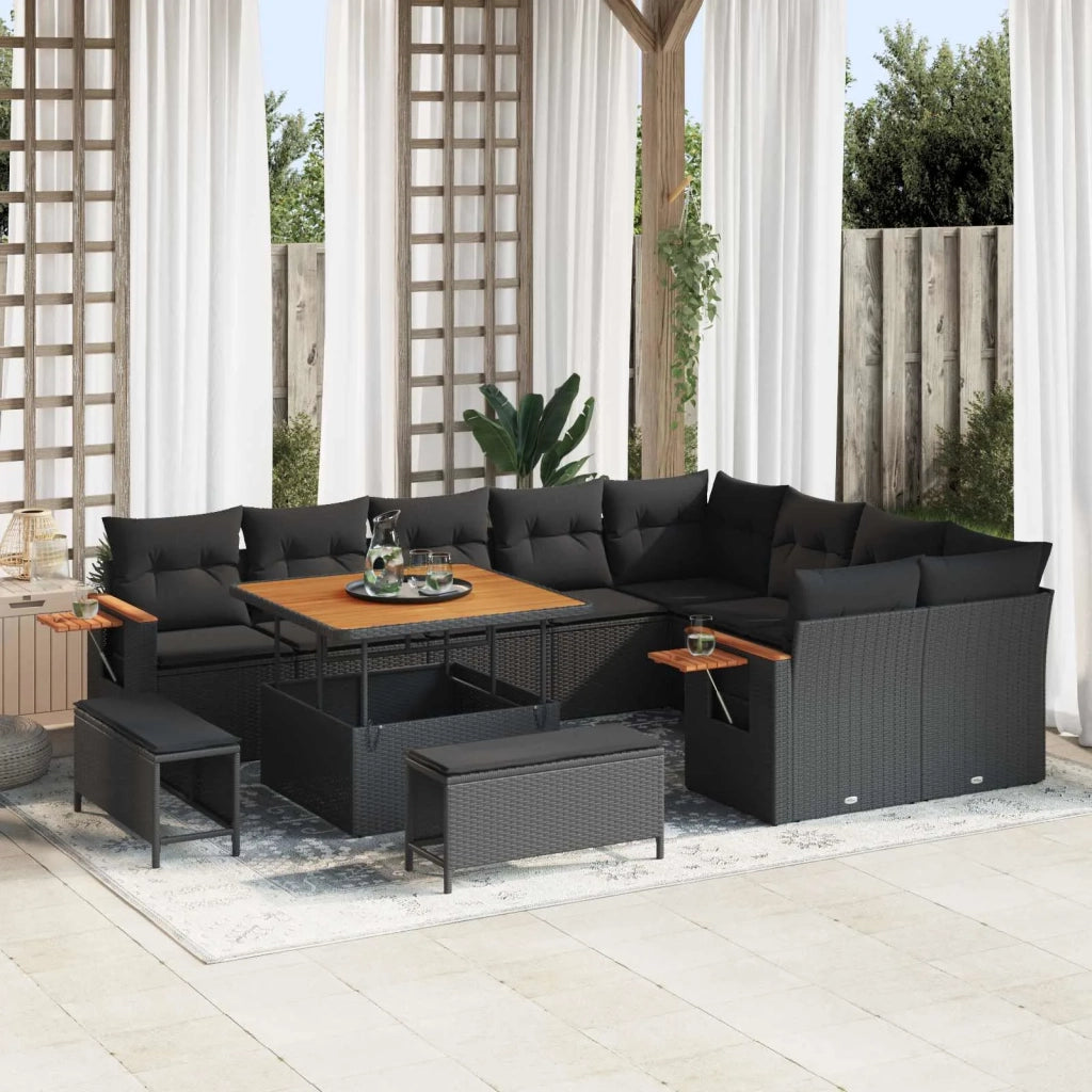 Set Divano da Giardino con cuscino 13 pcs Nero polyrattan