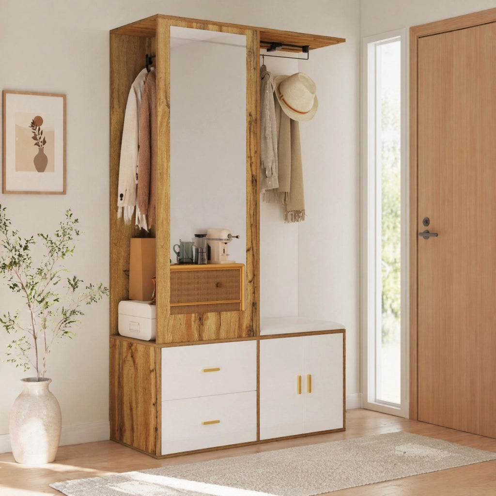 Mobile ingresso con specchio; appendiabiti estraibile; scarpiera e panca; bianco e legno naturale
