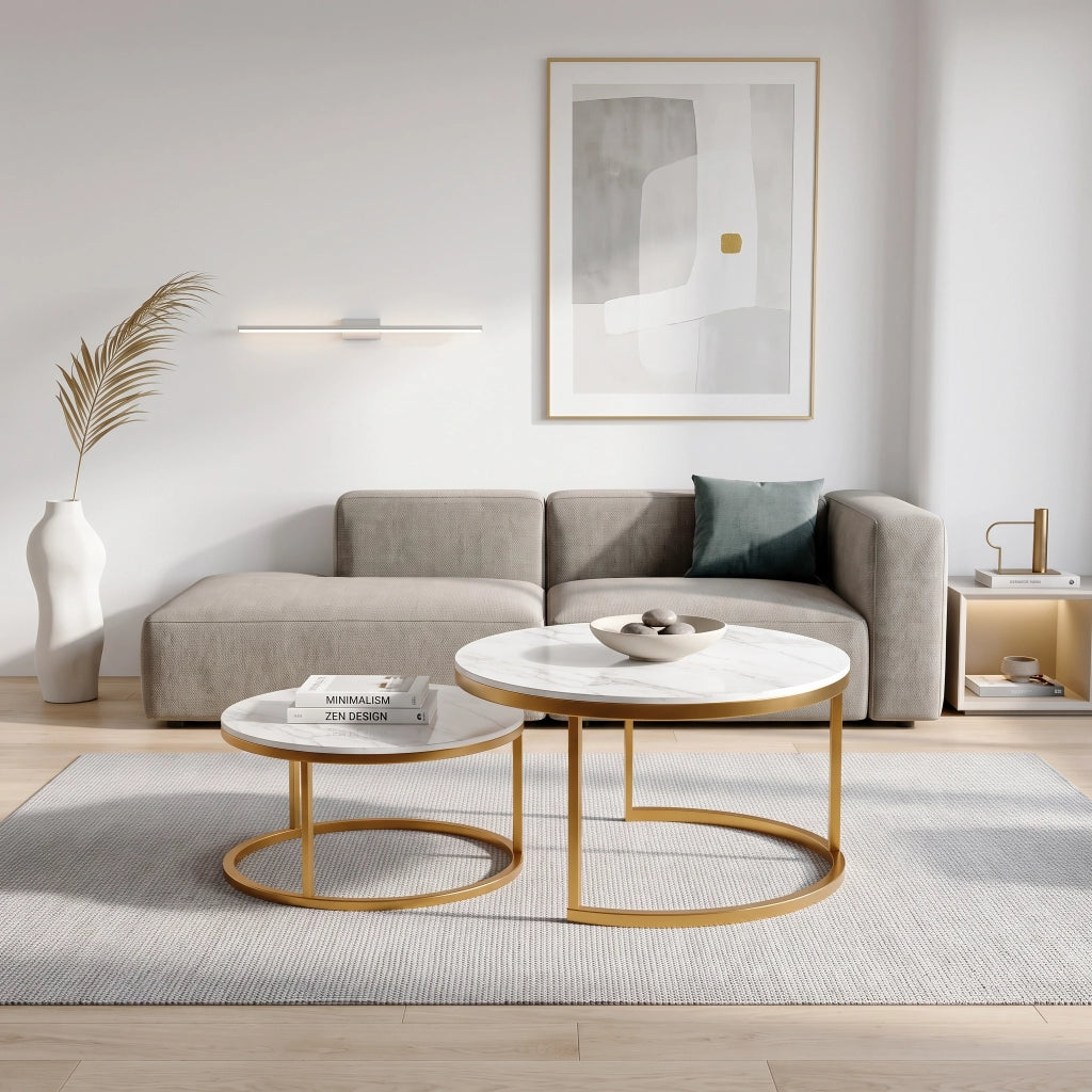 Tavolino salotto rotondo 80x80x45 cm set 2 pezzi tavolino da divano moderno effetto marmo bianco struttura in metallo - oro