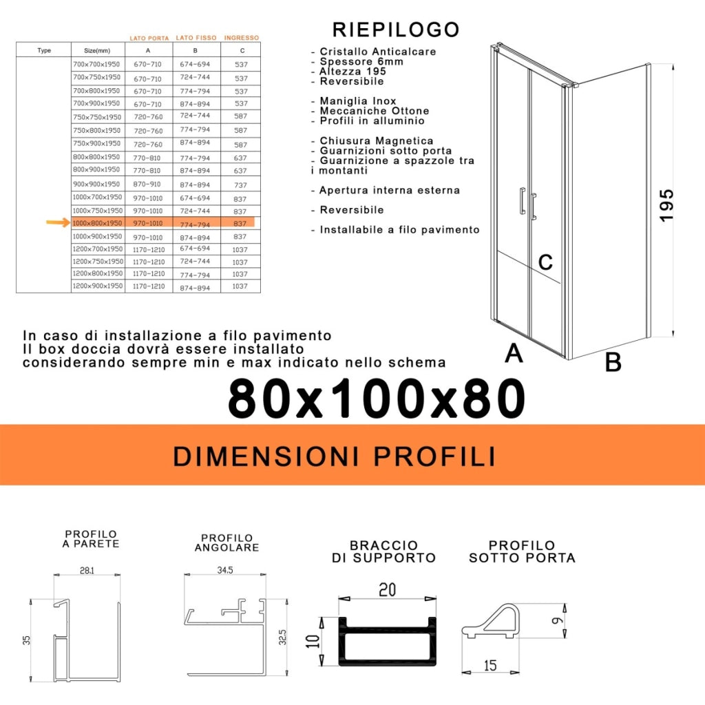 Box doccia saloon tre lati senza profili trasparente 6mm h195 dobla, misura 80x100x80