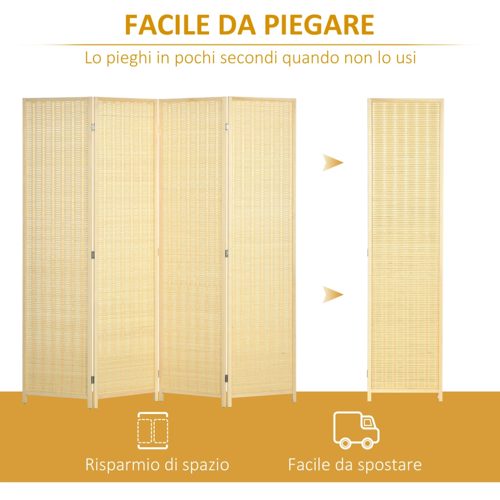 Paravento Pieghevole 4 Ante ¨C Xylo ¨C Legno Bamb¨´ Naturale 180cm Stile Boho
