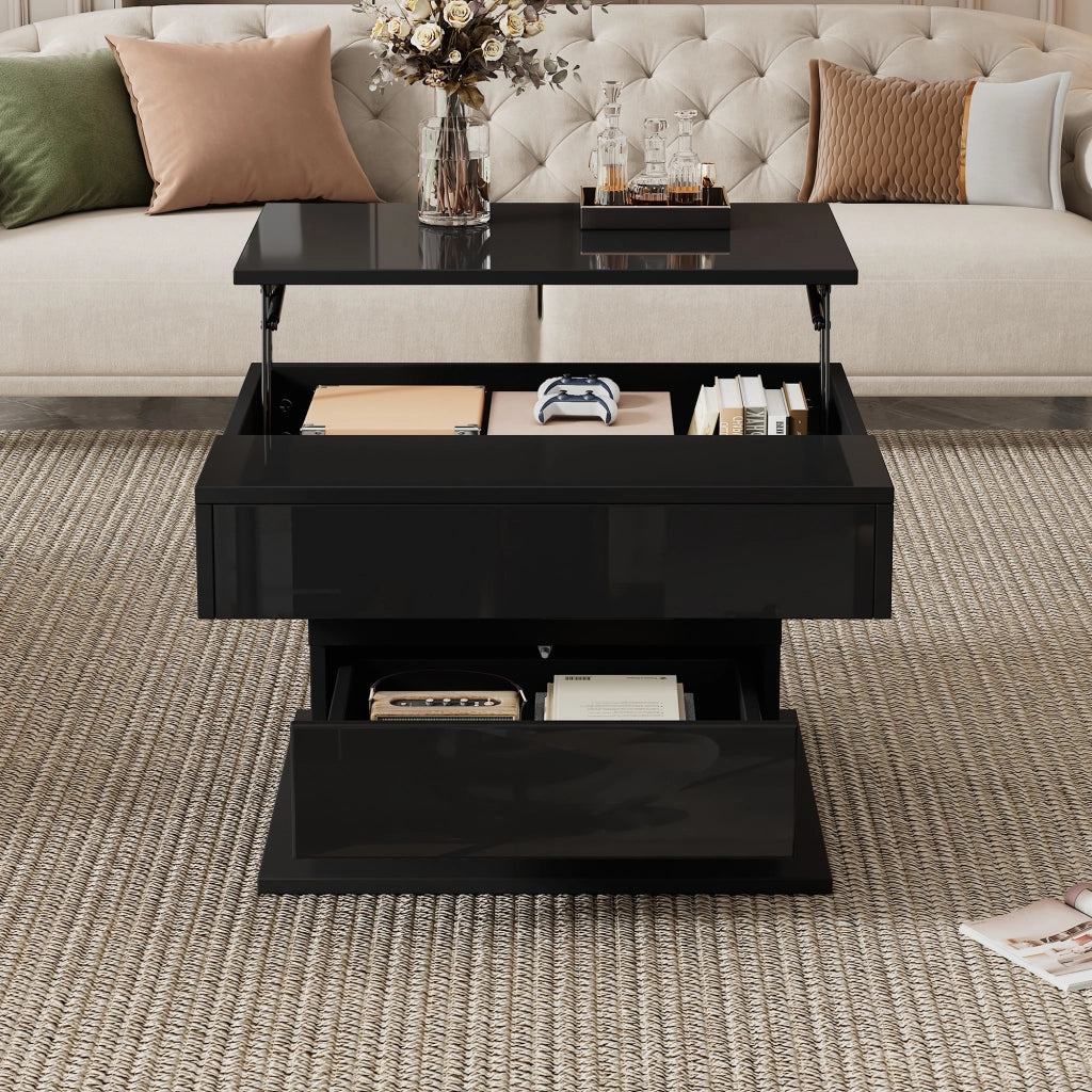 Tavolino da caffè con 1 cassetto; piano alzabile e rotante - per soggiorno - in truciolare - 70x70x45 cm - nero
