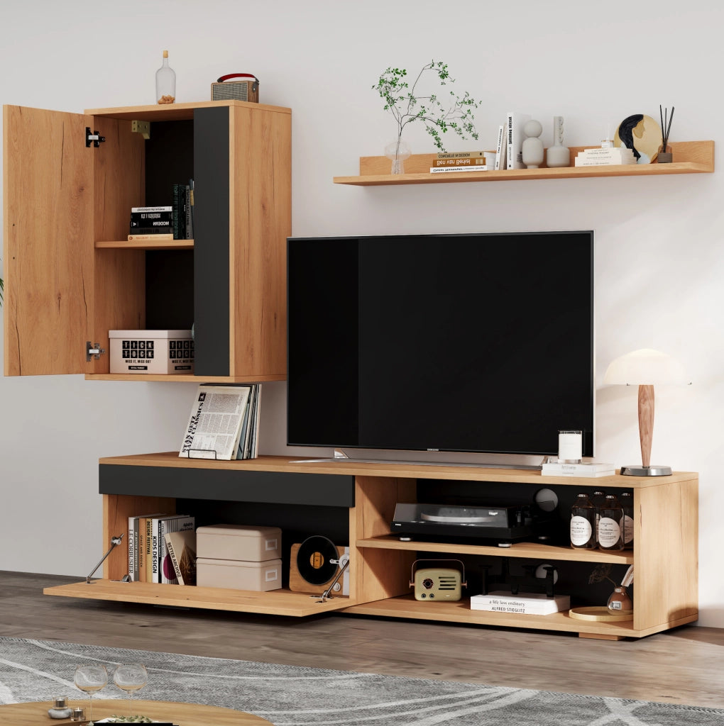 Set mobile TV da parete 3 pezzi 140 cm in truciolare effetto legno e nero