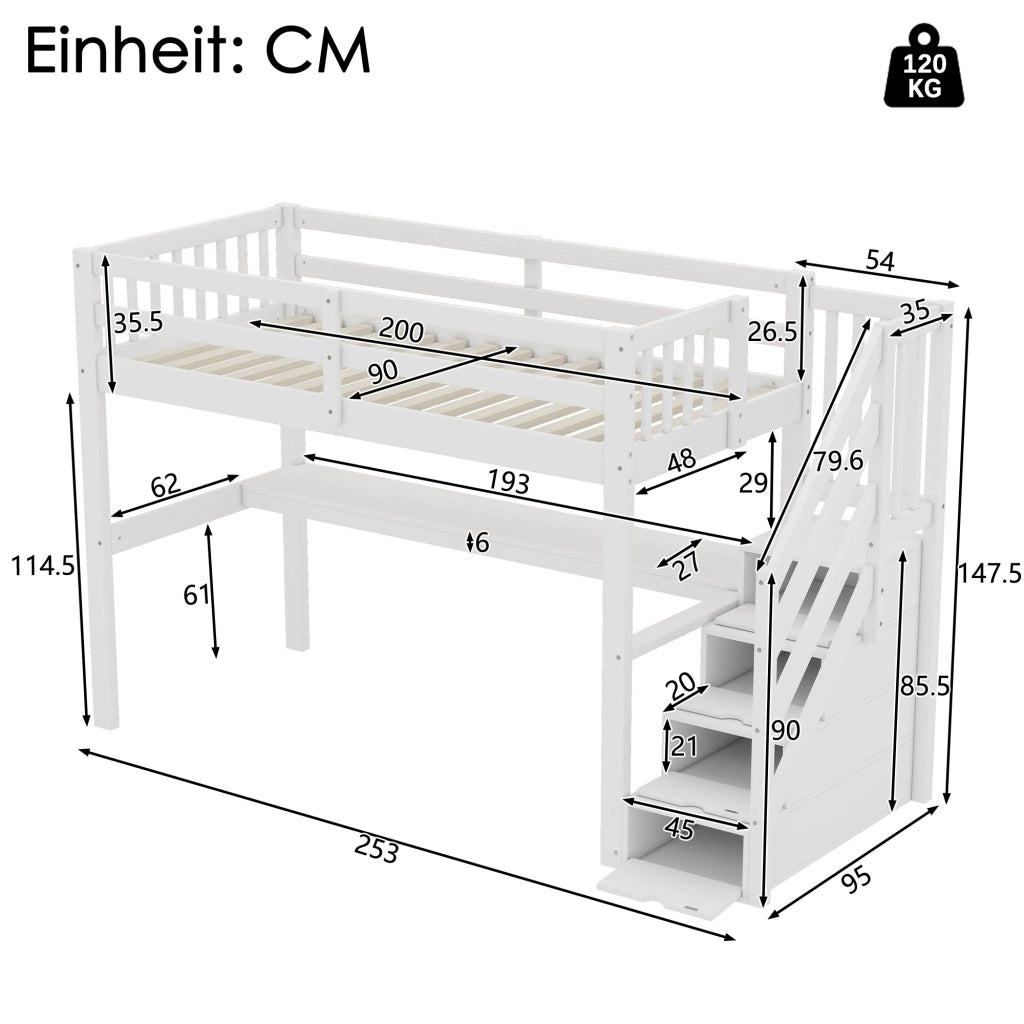 Letto a Soppalco con Scrivania e Cassetti ¨C MINIMAL ¨C Bianco 90x200