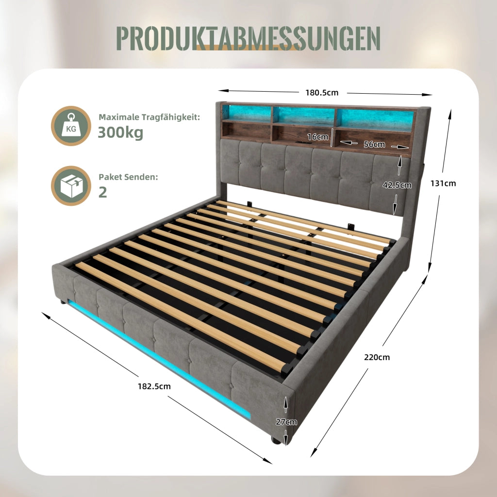 Letto imbottito 180x200 cm idraulico LED USB velluto grigio scuro