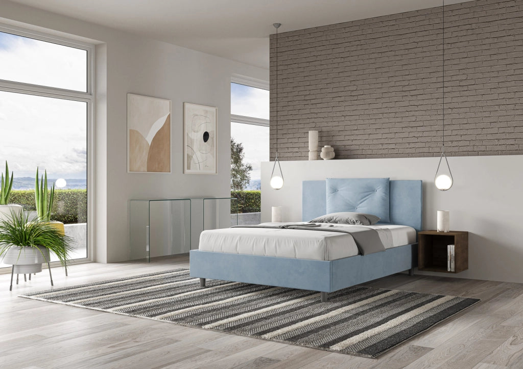 BS COM Letto una piazza e mezza senza rete imbottito 130x190 microfibra azzurro