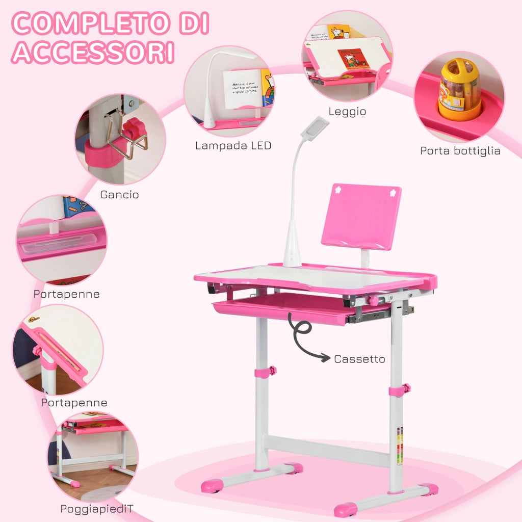 Banco Scuola Regolabile con Sedia per Bambini 6-12 Anni, 70x49.5x80-105 cm, Rosa