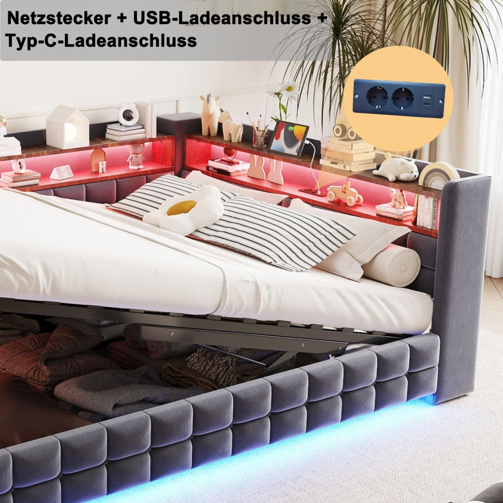 DESMIU Letto imbottito 140 × 200 cm 2 posti con contenitore, USB, Type-C, LED, senza materasso, grigio