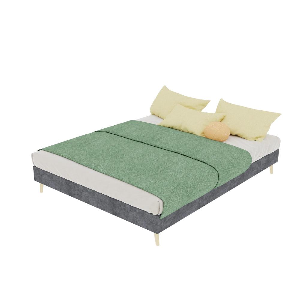 Letto moderno minimalista 140x200 cm in velluto olandese grigio, struttura piattaforma bassa, stile contemporaneo