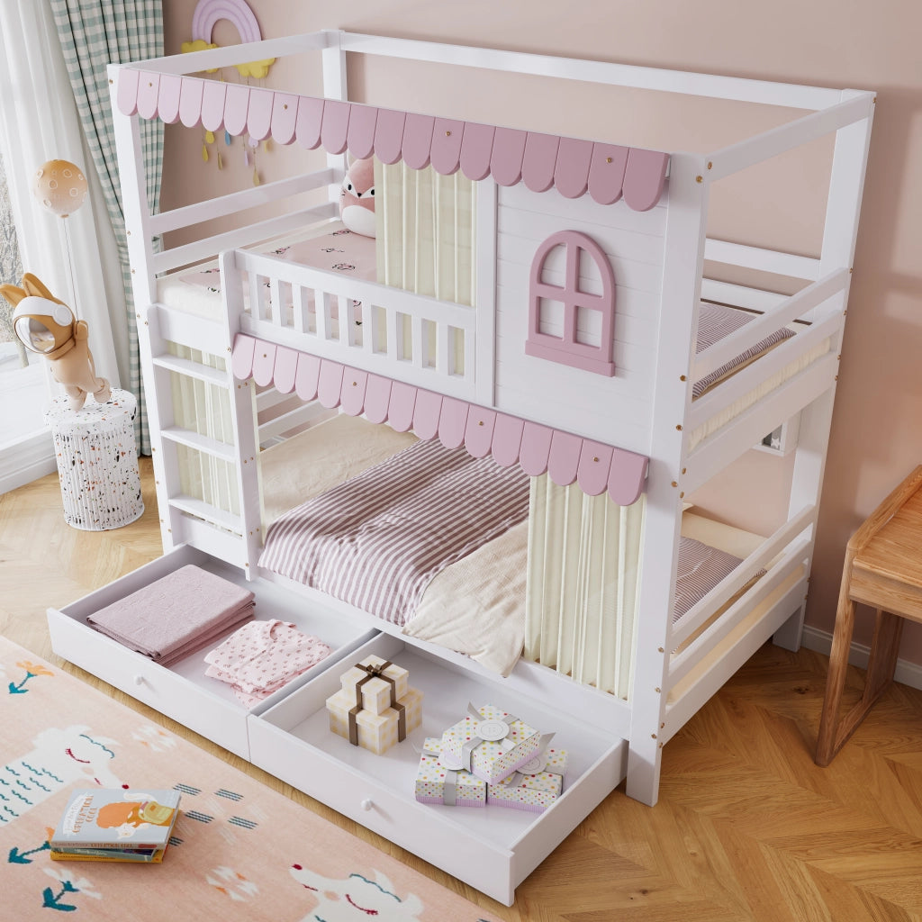 Letto a Castello 90x200 cm; 2 Posti; con Cassetti; Mensole e Scala; in Legno; Bianco Rosa