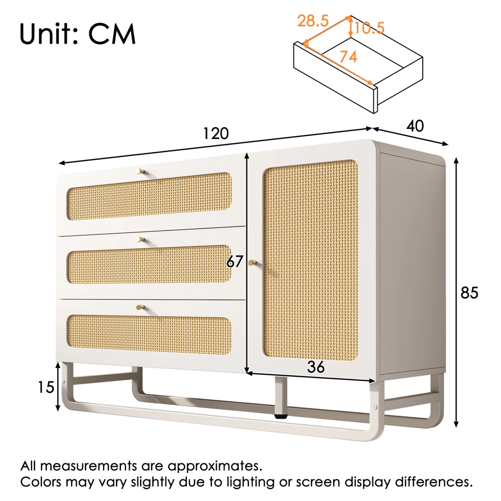 Credenza con 3 cassetti e anta con ripiani regolabili in MDF e metallo bianca per soggiorno 120 × 40 × 85 cm