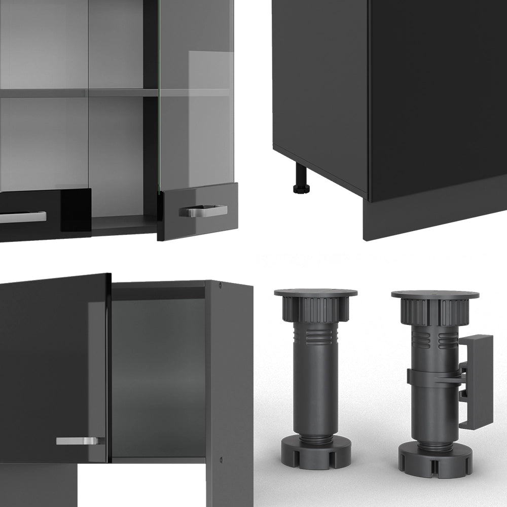 Vicco Cucina componibile Nero lucido/antracite 300 cm con armadio alto, PL Marmo