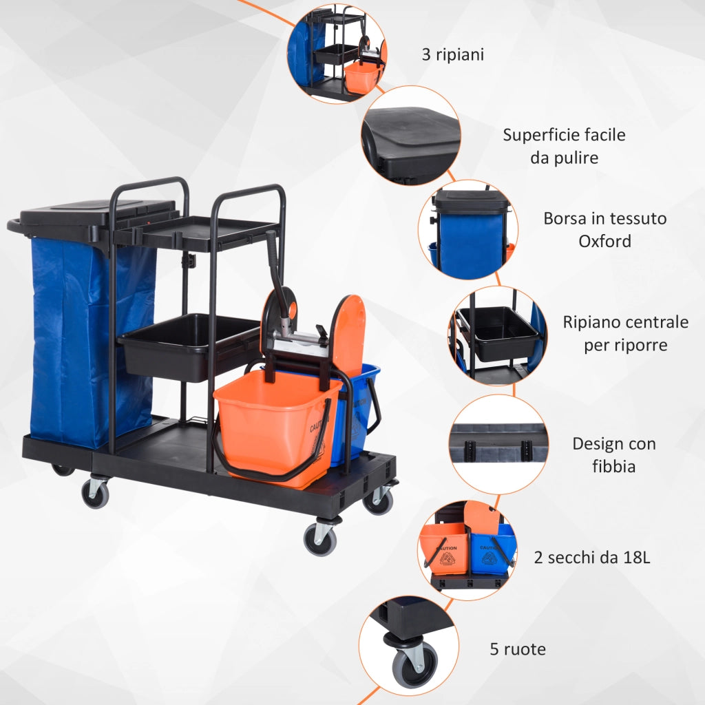 Carrello Pulizie Professionale 3 Ripiani ¨C Minimal ¨C Nero 111x63.3x103 cm