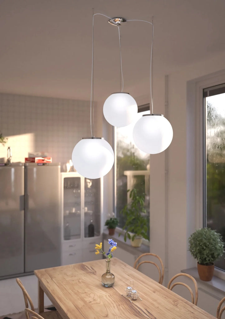 Lampadario Contemporaneo Mars Metallo Cromo Vetro Bianco 3 Luci E27 D30Cm