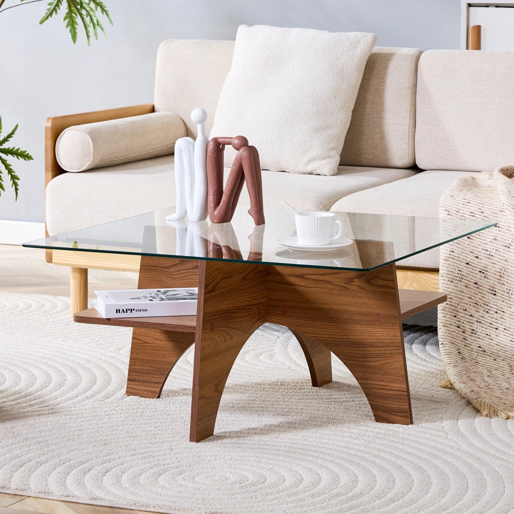 Tavolino/tavolino da caff¨¨ moderno di forma quadrata, realizzato in vetro temperato ¨C lati di 80 cm. Gambe in MDF con finitura effetto noce. Ideale pe