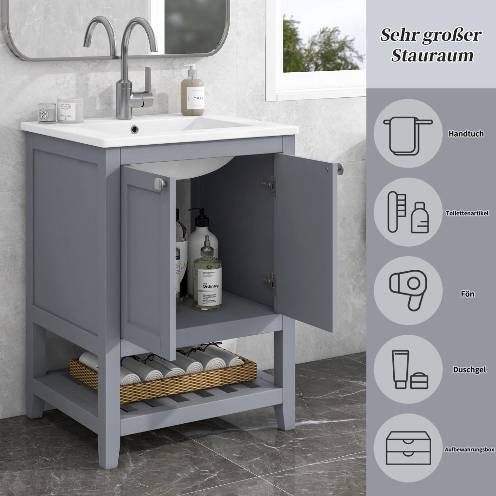 LAVABO CON MOBILE 60 cm Grigio e Bianco in Legno Massello e MDF