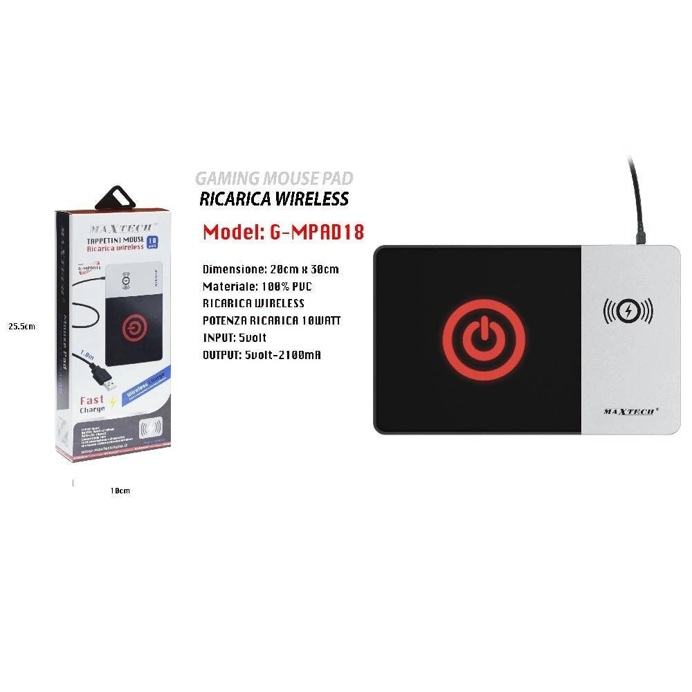 Trade Shop - Tappetino Mouse Con Caricabatterie Wireless 10w Mouse Pad Maxtech G-mpad18 -