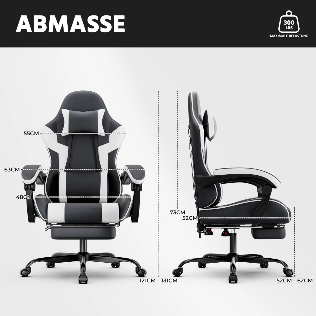 Sedia da ufficio ergonomica con supporto lombare; poggiapiedi; schienale reclinabile e braccioli in PVC nero bianco