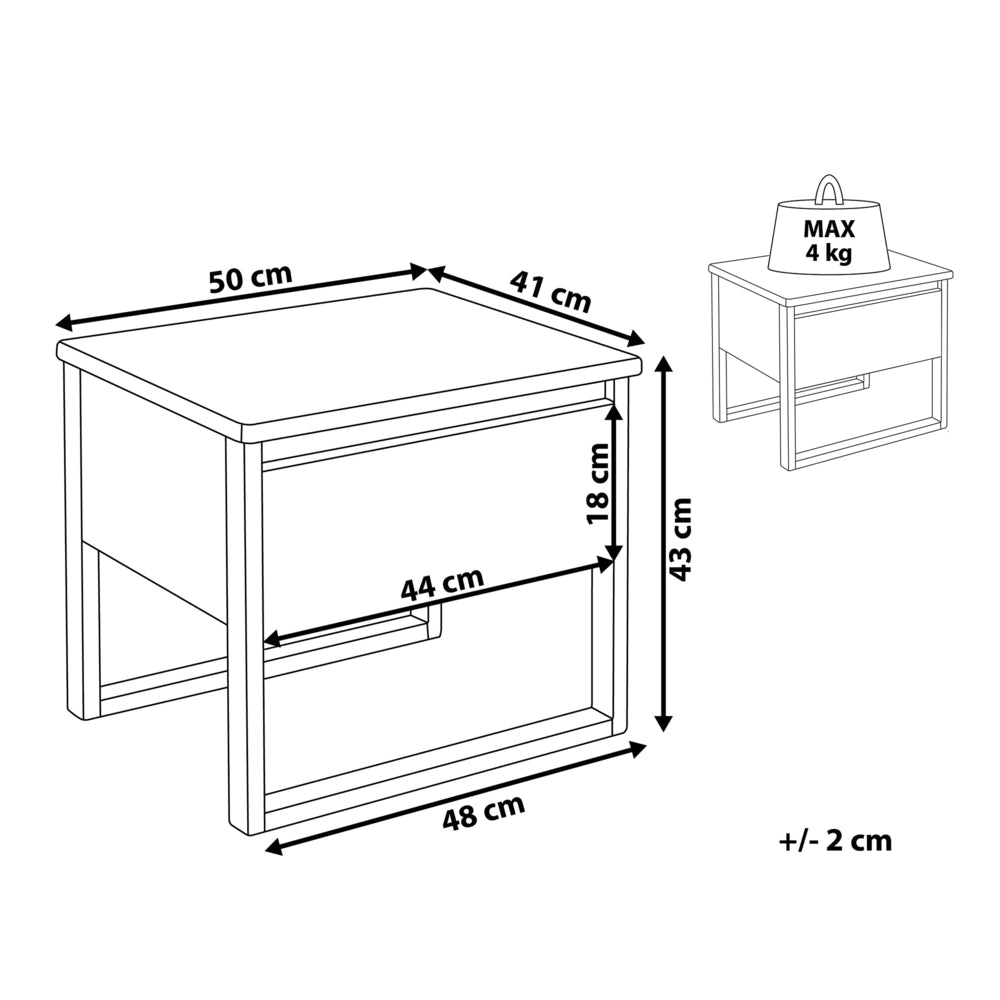 Comodino in legno di pino bianco 41 x 50 cm con un cassetto stile moderno