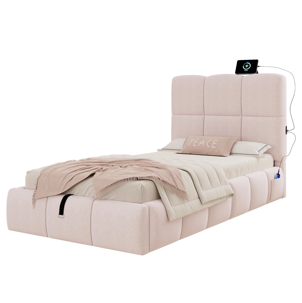 Letto singolo imbottito rosa con contenitore, rete a doghe e USB