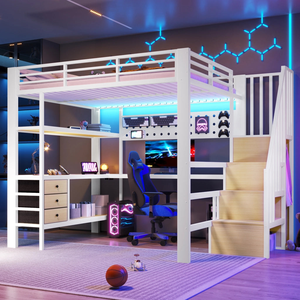 DESMIU Lit mezzanino 140 × 200 cm 1 posto con 3 cassetti, LED regolabile, presa, senza materasso, in MDF e metallo, bianco