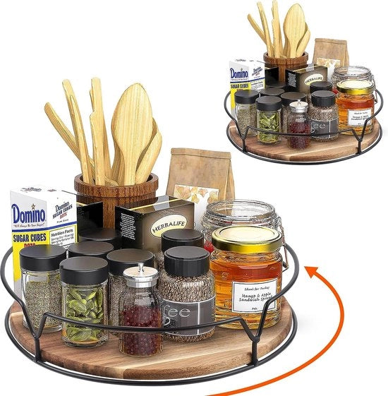 Due piattaforme di rotazione in legno con mattonelle antiscivolo, organizzatore del congelatore, piattaforma di rotazione per congelatore, cucina, bagno, comodino, griglia per spezie e altro (25,4 cm + 22,9 cm) - LEGNO