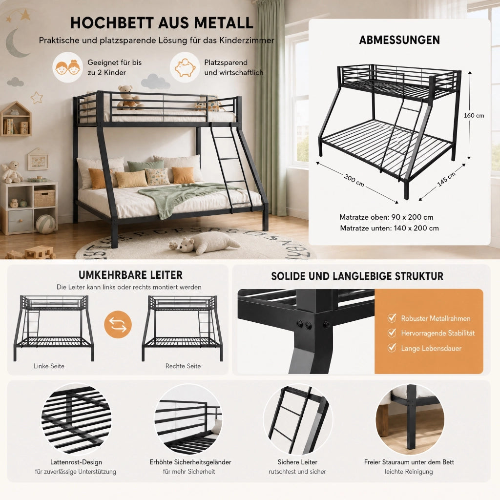 letto a castello metallo nero 146 x 204.5 cm