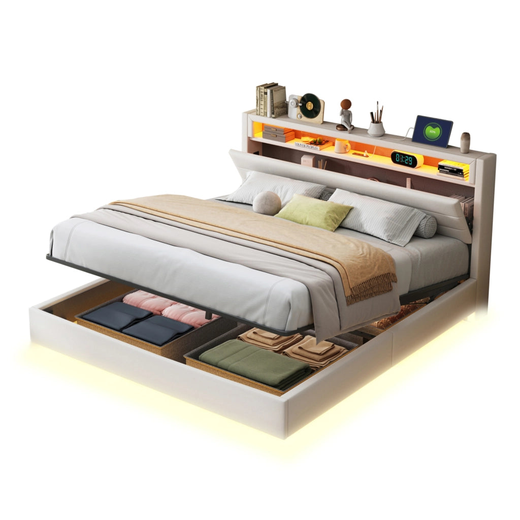 Letto imbottito 160x200 cm con vano contenitore idraulico, LED e USB