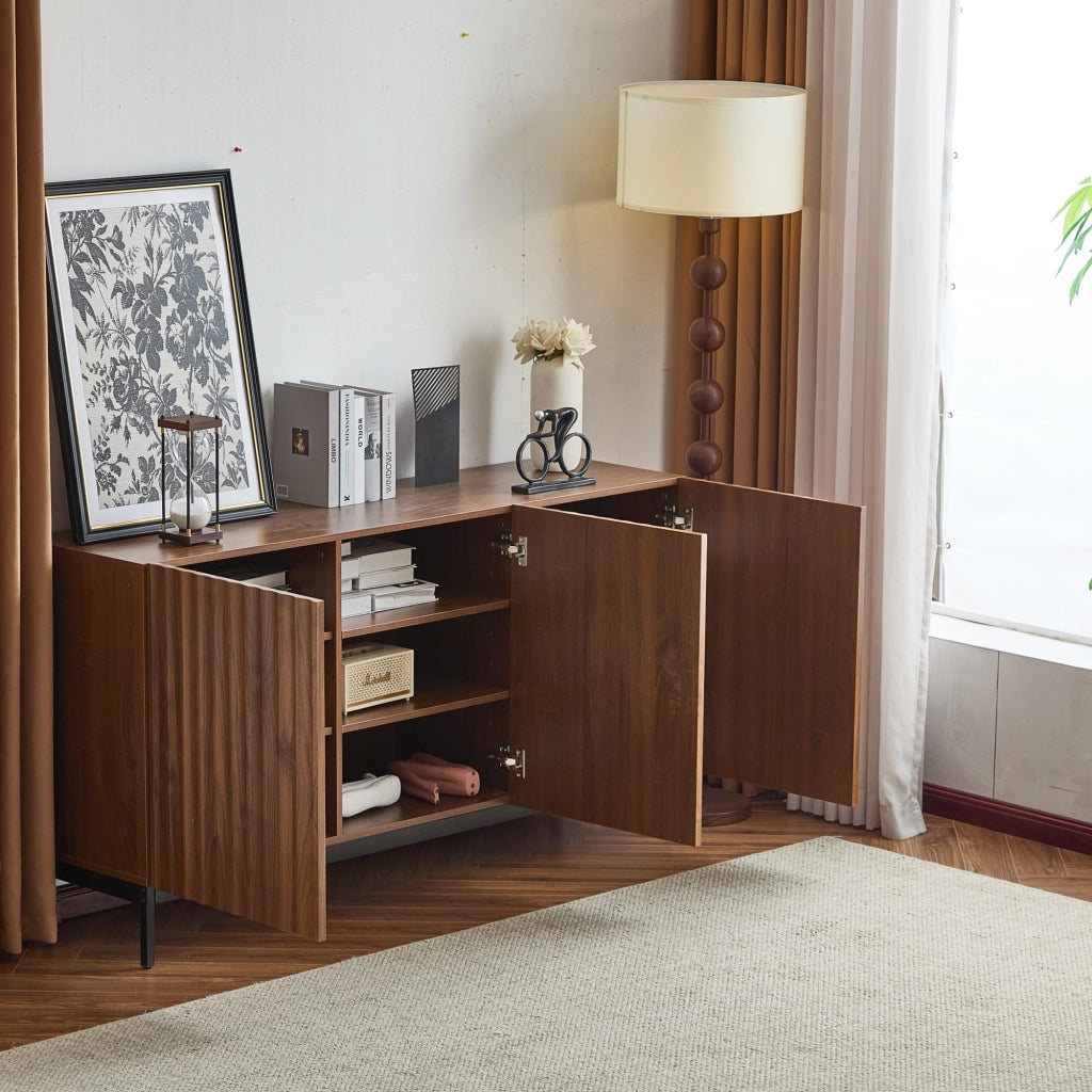 Sideboard Mid-Century Modern - Zephmum - 150x40x80cm Eiche dunkel gemasert, 3 T¨¹ren, 3D-Design, verstellbare B?den